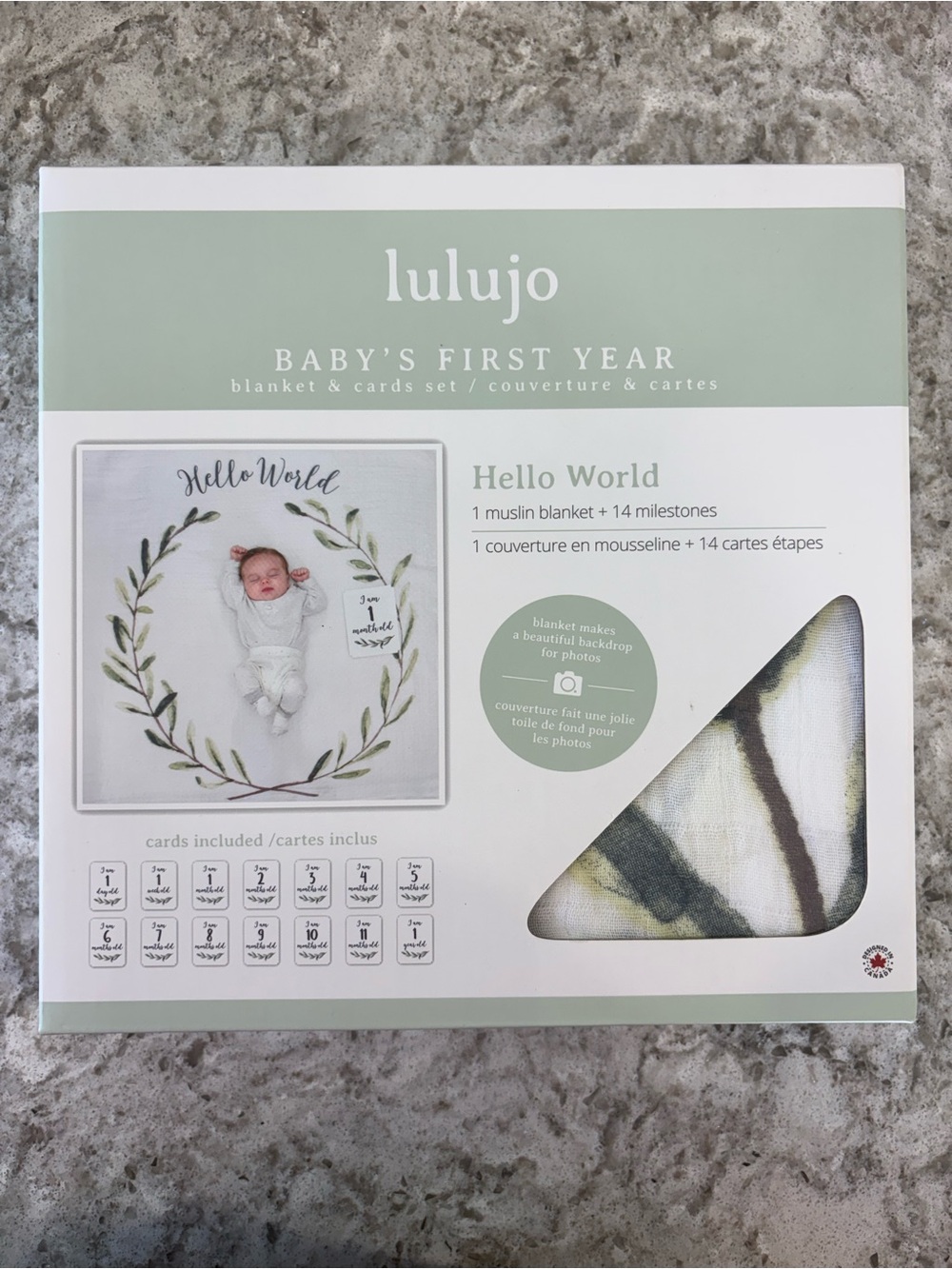 lululjo Hello World Muslin Baby Blanket - White & Green muslin milestones